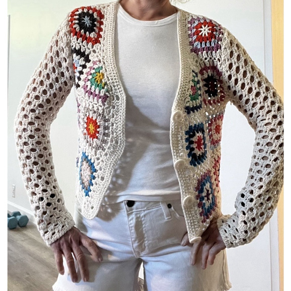 Crochet Colorful Granny Square Cardigan Womens M Boho Festival Ivory Crop Button - Picture 4 of 5